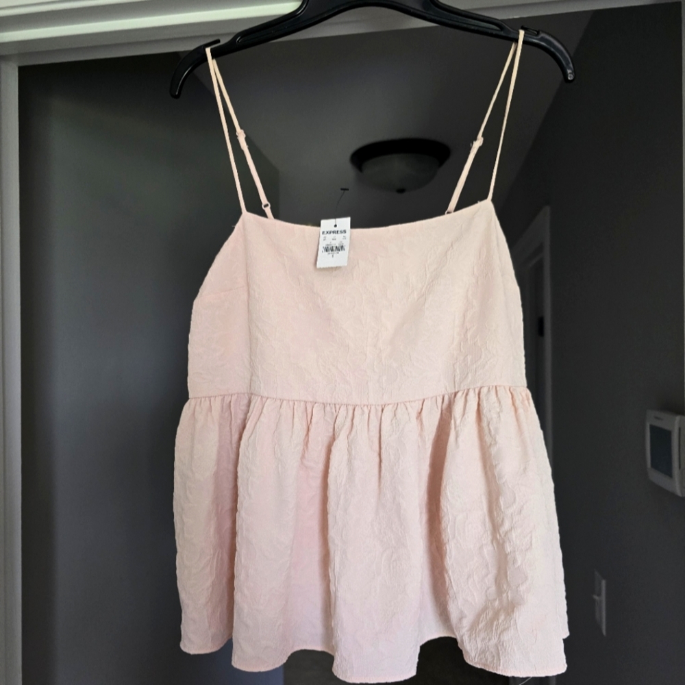 Express Poplin Square Neck Embossed Peplum Babydoll Cami Pink-Size Small NWOT